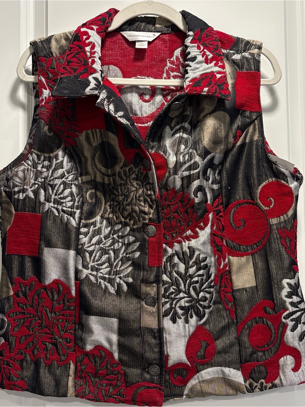 Christopher & Banks Red, Black & Cream Patterned Sleeveless Button Vest